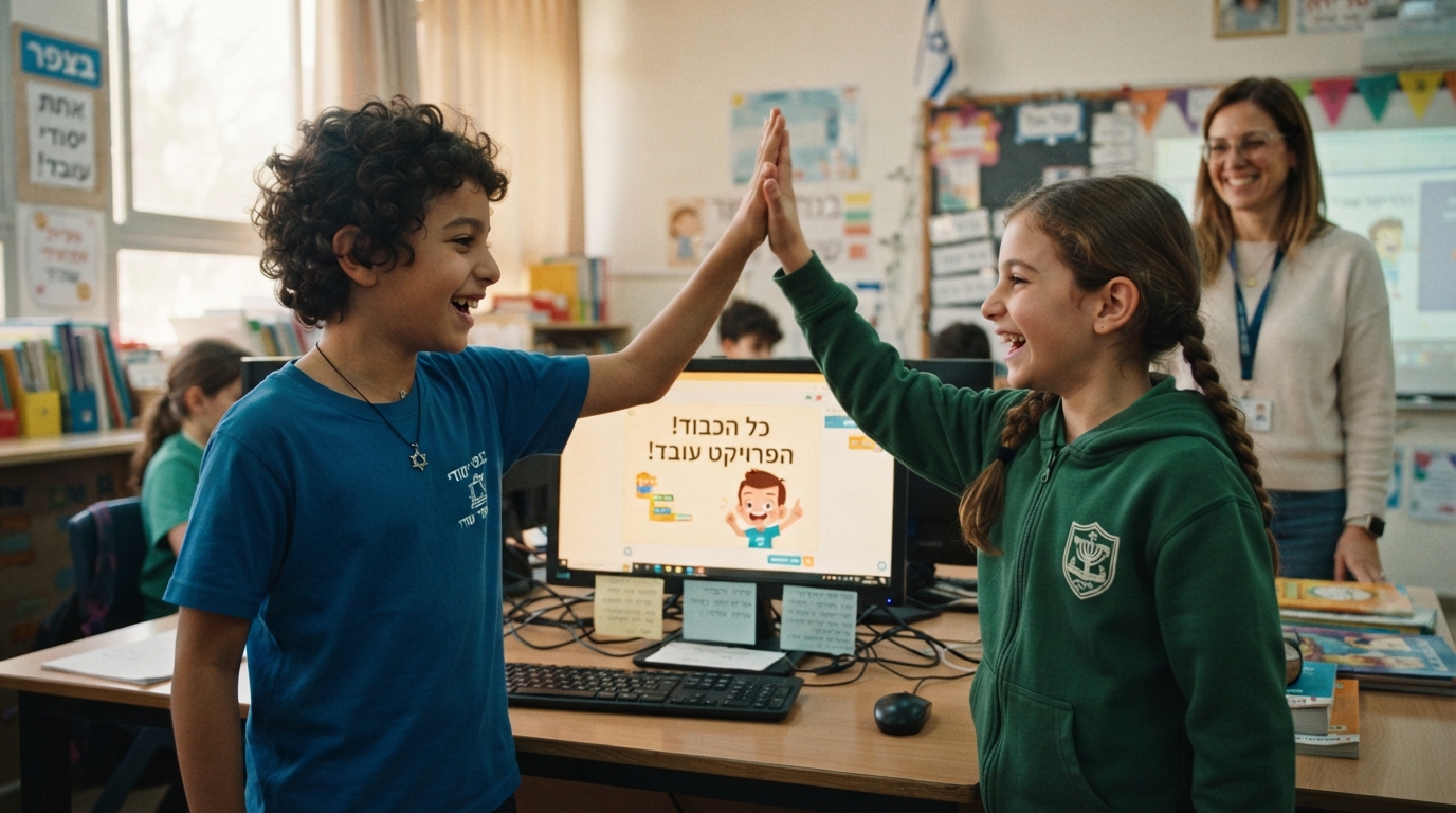 שני תלמידים נותנים כף ליד מסך שמציג פרויקט שעובד