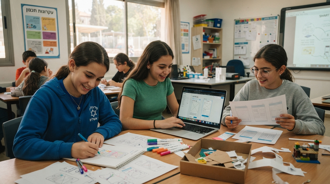 תלמידות עובדות יחד על סקיצות של פתרון לצד מחשב נייד בכיתה