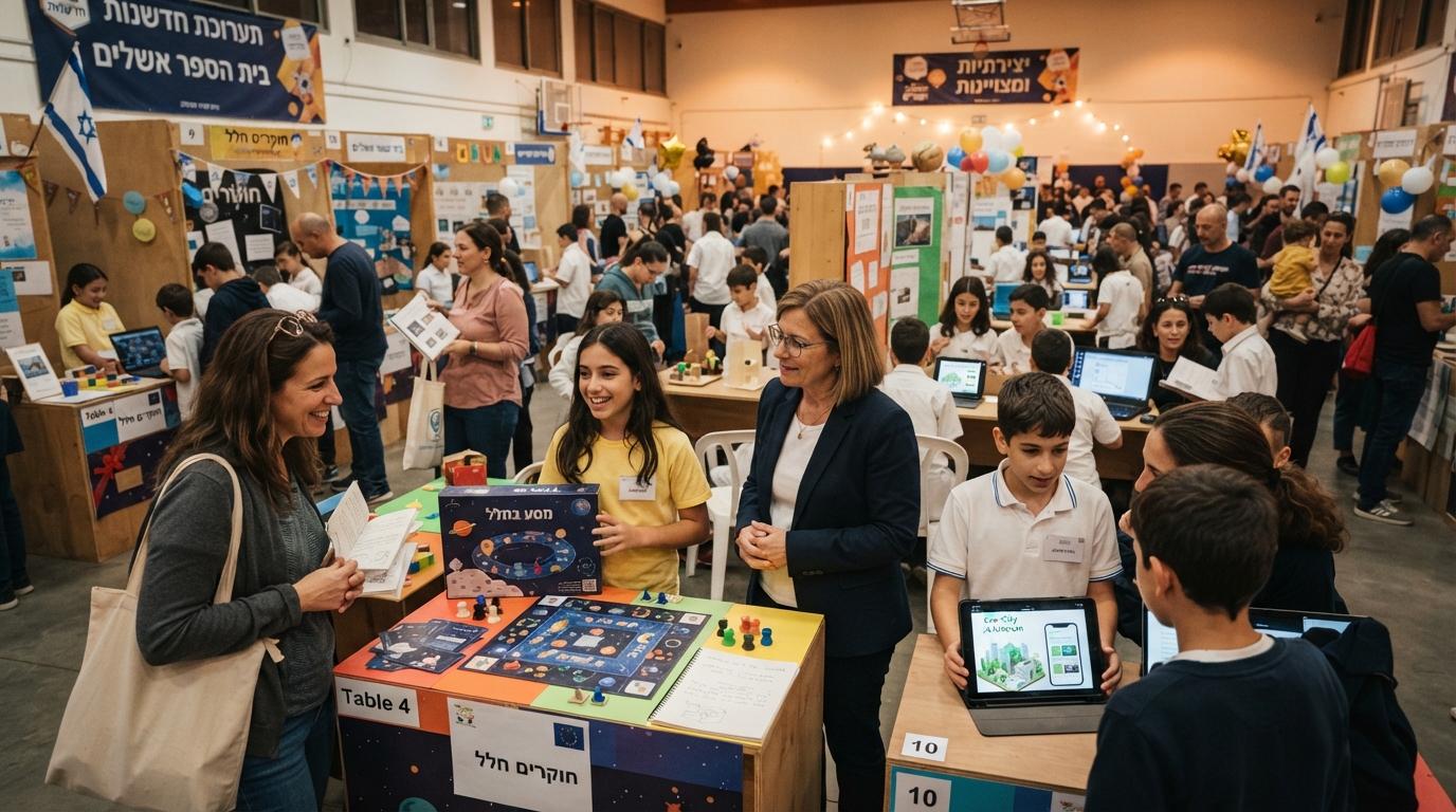 תערוכת פרויקטים בבית ספר עם תלמידים, הורים ומורים