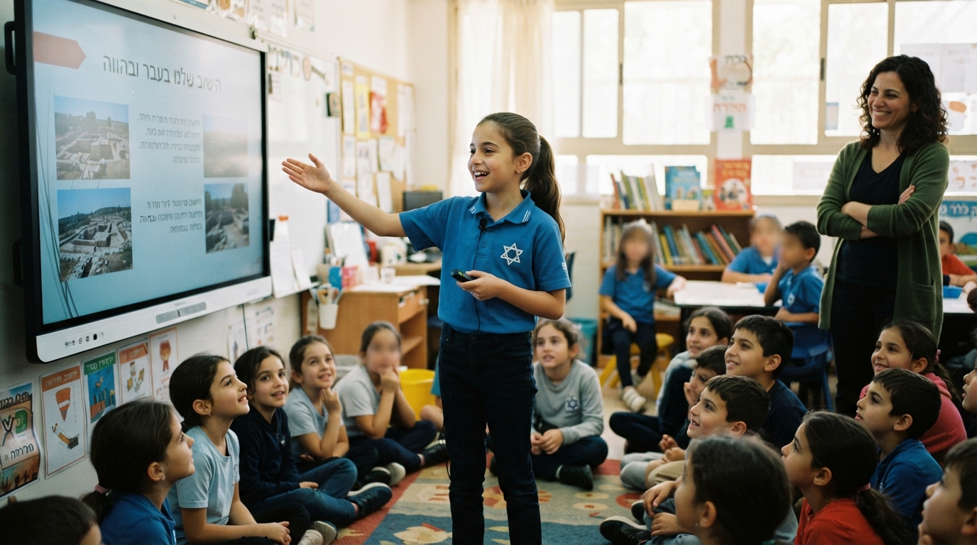 תלמידה מציגה פרויקט מול הכיתה ליד מסך