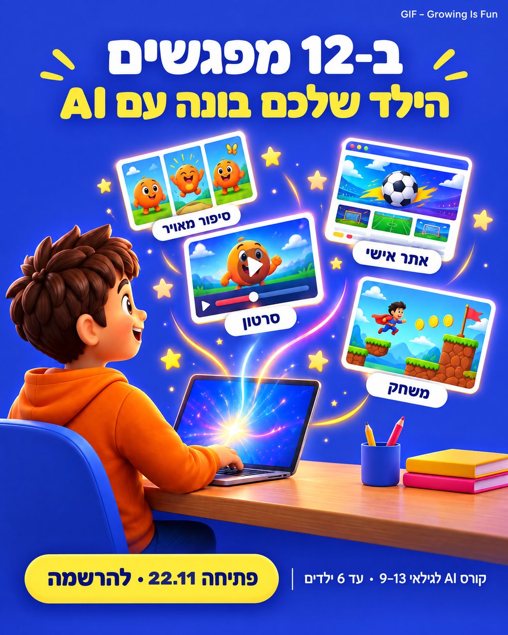ילד מול מחשב, ומהמסך יוצאים סיפור מאויר, סרטון, אתר אישי ומשחק